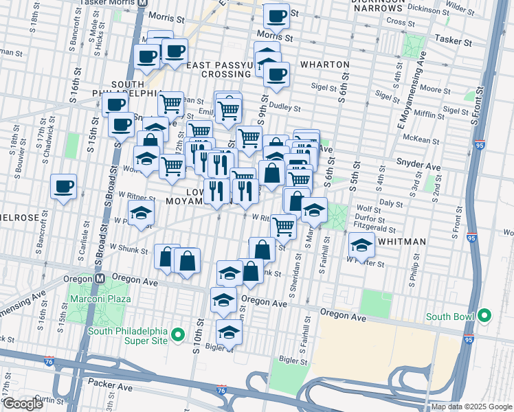 map of restaurants, bars, coffee shops, grocery stores, and more near 826 West Moyamensing Avenue in Philadelphia