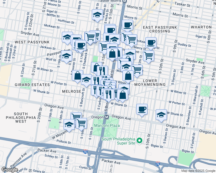 map of restaurants, bars, coffee shops, grocery stores, and more near 2422 South Broad Street in Philadelphia