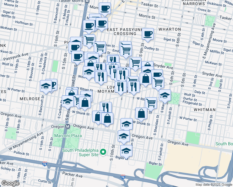 map of restaurants, bars, coffee shops, grocery stores, and more near 1021 West Ritner Street in Philadelphia