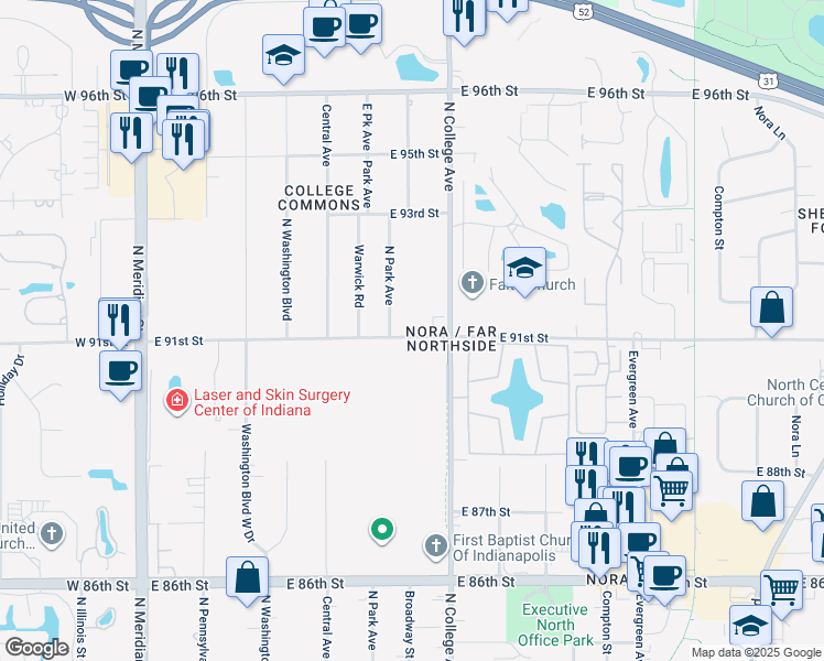 map of restaurants, bars, coffee shops, grocery stores, and more near 602 East 91st Street in Indianapolis