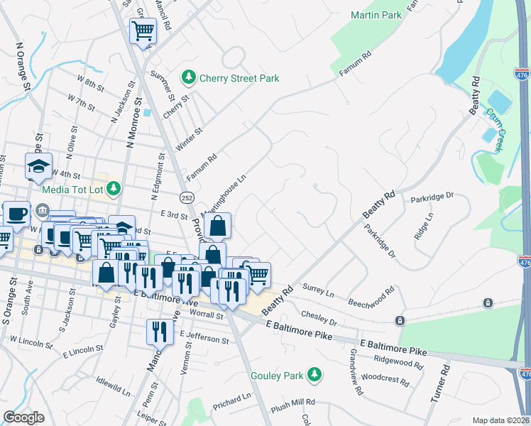 map of restaurants, bars, coffee shops, grocery stores, and more near 914 Truepenny Road in Media