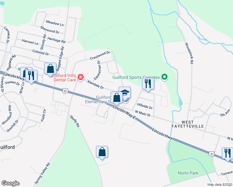 map of restaurants, bars, coffee shops, grocery stores, and more near 1046 Alandale Drive in Chambersburg