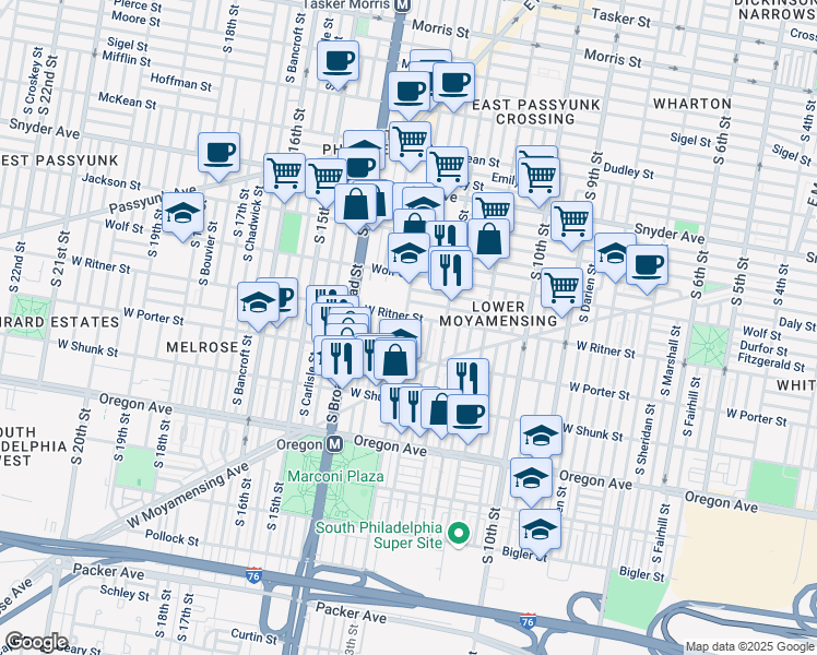 map of restaurants, bars, coffee shops, grocery stores, and more near 2434 South Iseminger Street in Philadelphia