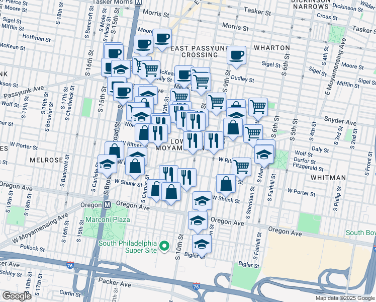 map of restaurants, bars, coffee shops, grocery stores, and more near 1017 West Ritner Street in Philadelphia