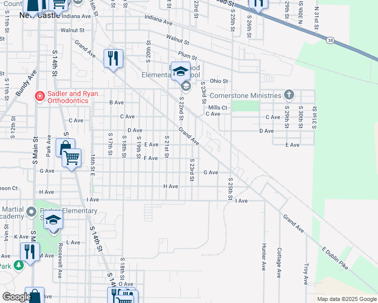 map of restaurants, bars, coffee shops, grocery stores, and more near 1213 South 23rd Street in New Castle