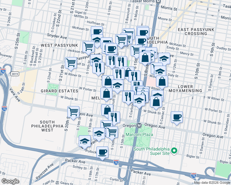map of restaurants, bars, coffee shops, grocery stores, and more near in Philadelphia
