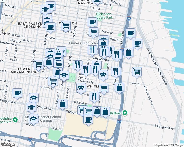 map of restaurants, bars, coffee shops, grocery stores, and more near 336 Daly Street in Philadelphia