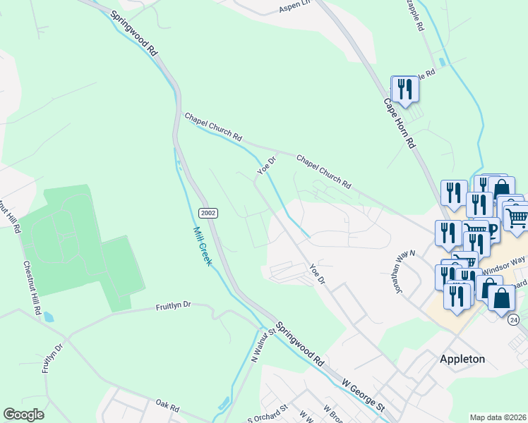map of restaurants, bars, coffee shops, grocery stores, and more near 50 Yoe Drive in Red Lion