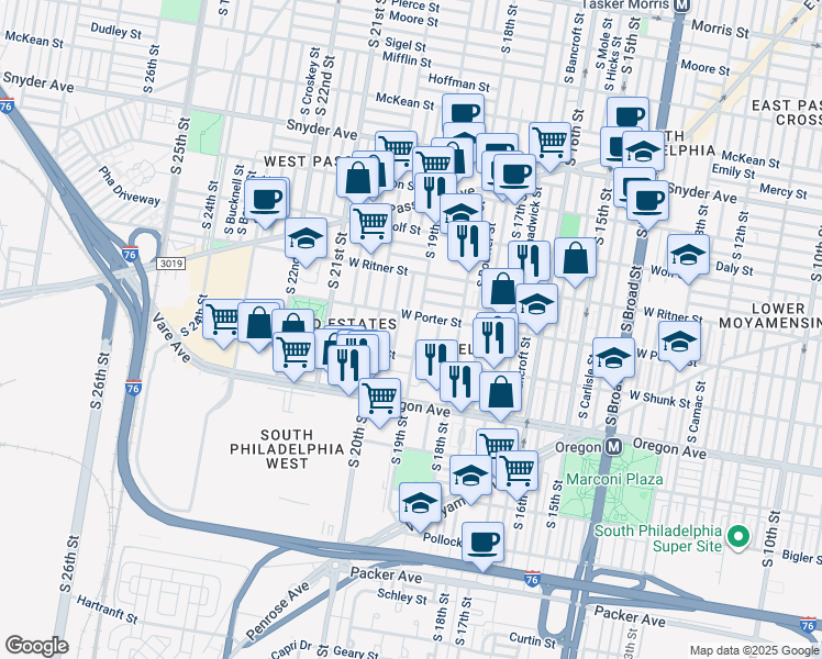 map of restaurants, bars, coffee shops, grocery stores, and more near 2510 South 19th Street in Philadelphia