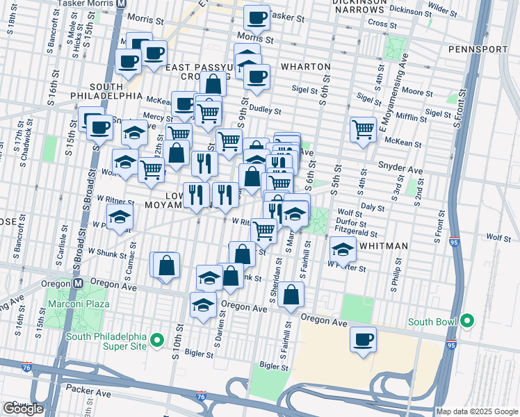 map of restaurants, bars, coffee shops, grocery stores, and more near 2318 South Franklin Street in Philadelphia