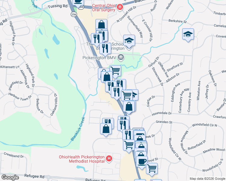 map of restaurants, bars, coffee shops, grocery stores, and more near 1631 Hill Road North in Pickerington