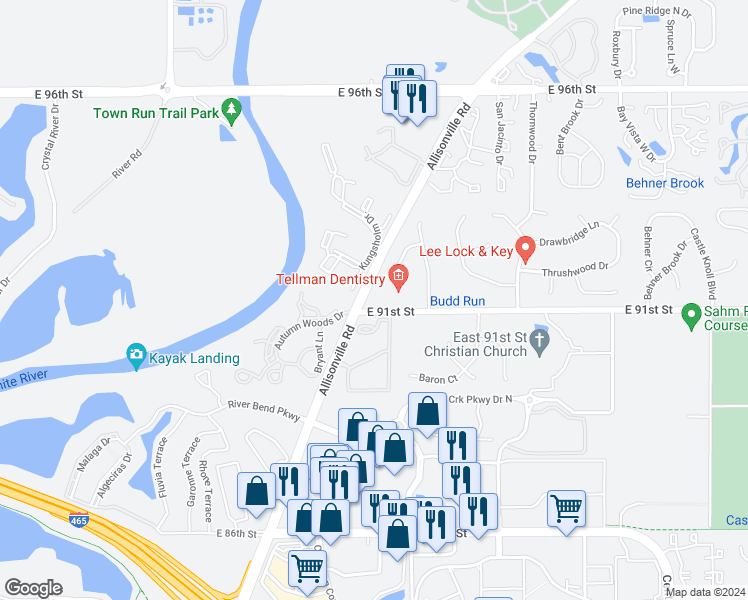 map of restaurants, bars, coffee shops, grocery stores, and more near 9111 Allisonville Road in Indianapolis
