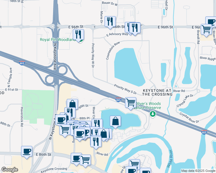 map of restaurants, bars, coffee shops, grocery stores, and more near 3665 Priority Way South Drive in Indianapolis