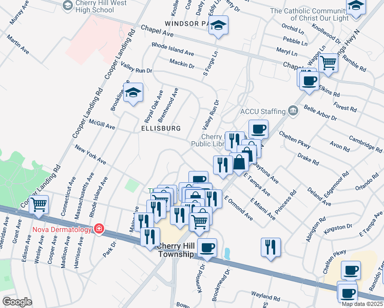 map of restaurants, bars, coffee shops, grocery stores, and more near 116 West Ormond Avenue in Cherry Hill