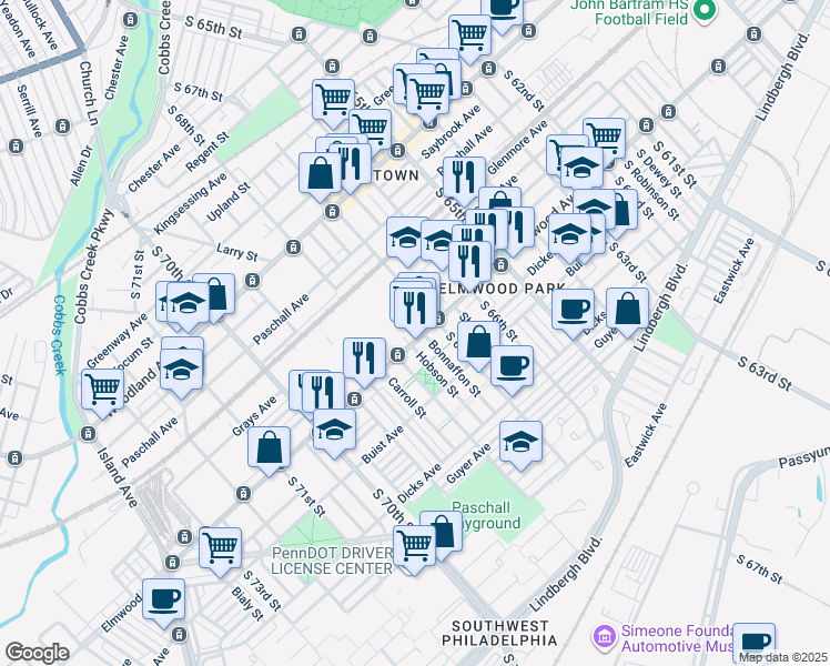 map of restaurants, bars, coffee shops, grocery stores, and more near 6734 Elmwood Avenue in Philadelphia