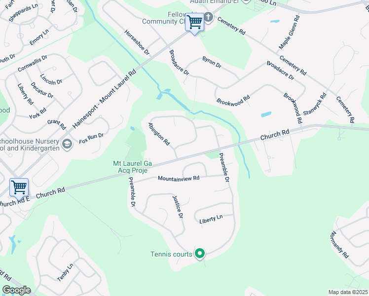 map of restaurants, bars, coffee shops, grocery stores, and more near 3 Abington Road in Mount Laurel