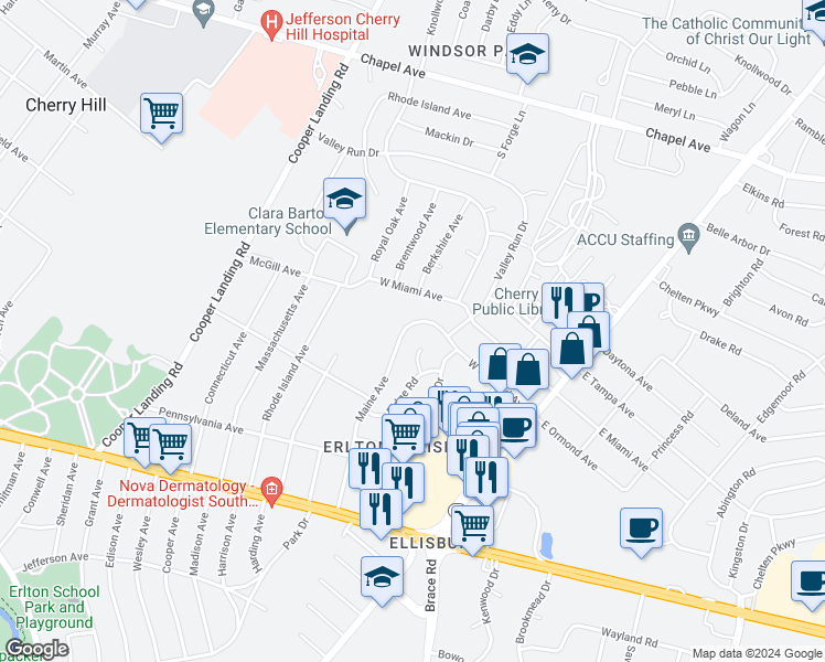 map of restaurants, bars, coffee shops, grocery stores, and more near 142 Ridge Circle in Cherry Hill