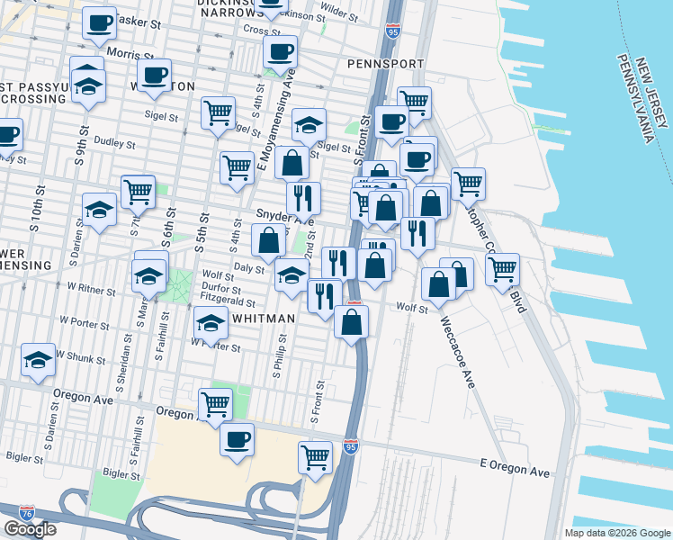 map of restaurants, bars, coffee shops, grocery stores, and more near 2235 South Front Street in Philadelphia