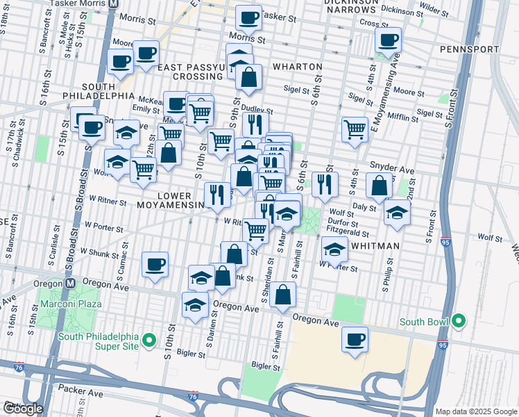 map of restaurants, bars, coffee shops, grocery stores, and more near 2316 South Beulah Street in Philadelphia