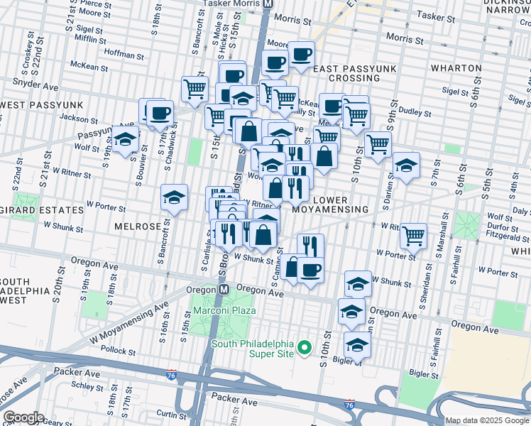 map of restaurants, bars, coffee shops, grocery stores, and more near 2410 South 13th Street in Philadelphia