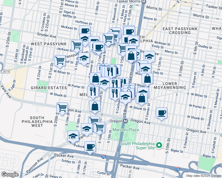 map of restaurants, bars, coffee shops, grocery stores, and more near 2441 South Mole Street in Philadelphia