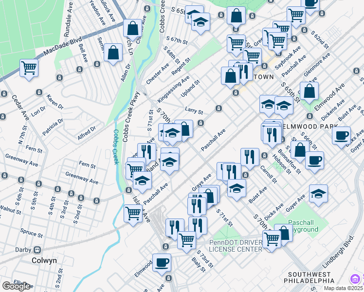 map of restaurants, bars, coffee shops, grocery stores, and more near 7030 Saybrook Avenue in Philadelphia