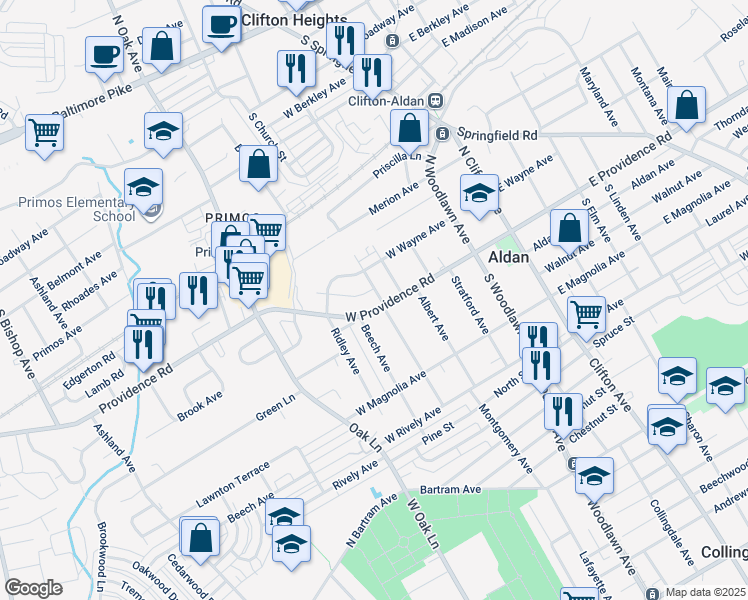 map of restaurants, bars, coffee shops, grocery stores, and more near 4 North Sycamore Avenue in Clifton Heights