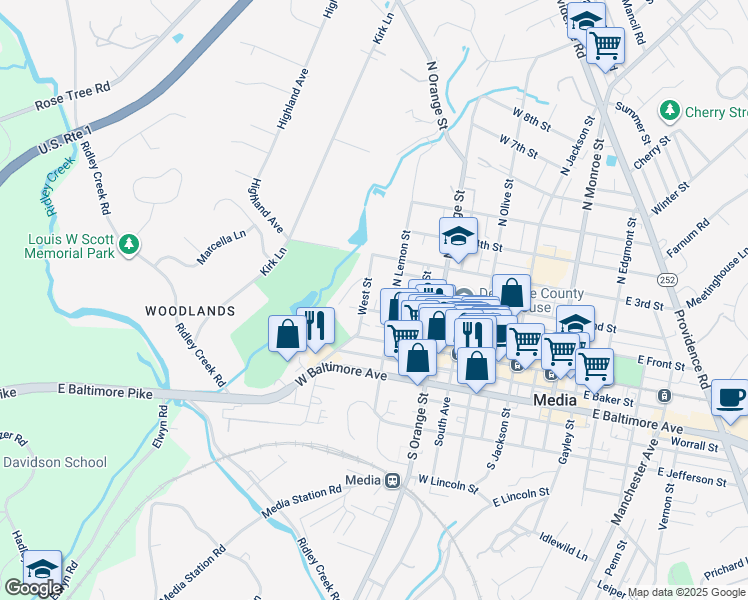 map of restaurants, bars, coffee shops, grocery stores, and more near 111 West Street in Media
