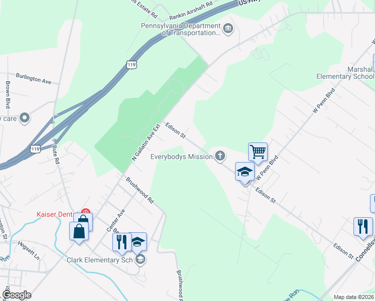 map of restaurants, bars, coffee shops, grocery stores, and more near 135 Edison Street in Uniontown
