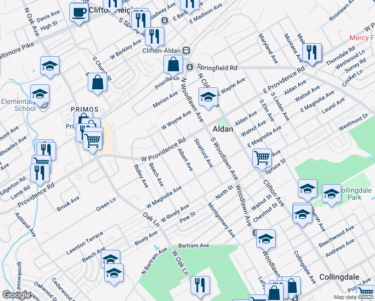 map of restaurants, bars, coffee shops, grocery stores, and more near 21 Albert Avenue in Aldan