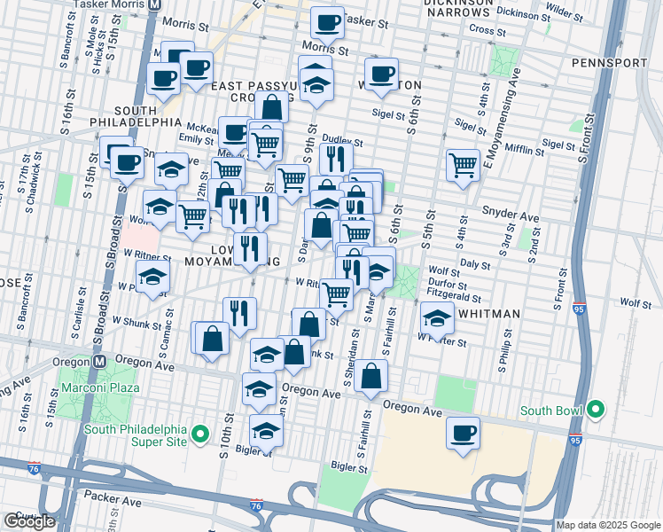map of restaurants, bars, coffee shops, grocery stores, and more near 2318 South Franklin Street in Philadelphia