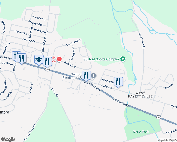 map of restaurants, bars, coffee shops, grocery stores, and more near 1046 Alandale Drive in Chambersburg