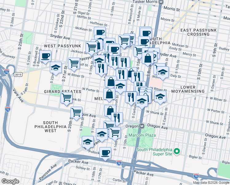 map of restaurants, bars, coffee shops, grocery stores, and more near 2519 South 17th Street in Philadelphia