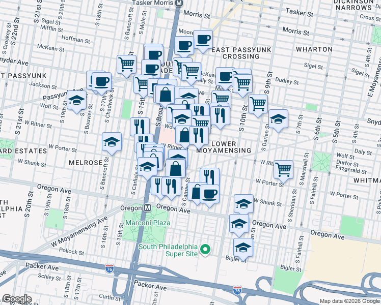 map of restaurants, bars, coffee shops, grocery stores, and more near in Philadelphia