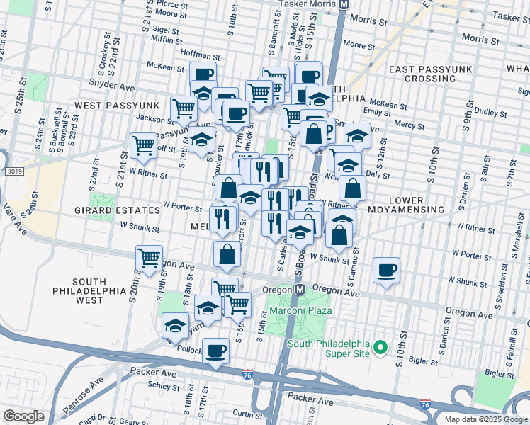 map of restaurants, bars, coffee shops, grocery stores, and more near 2441 South Mole Street in Philadelphia