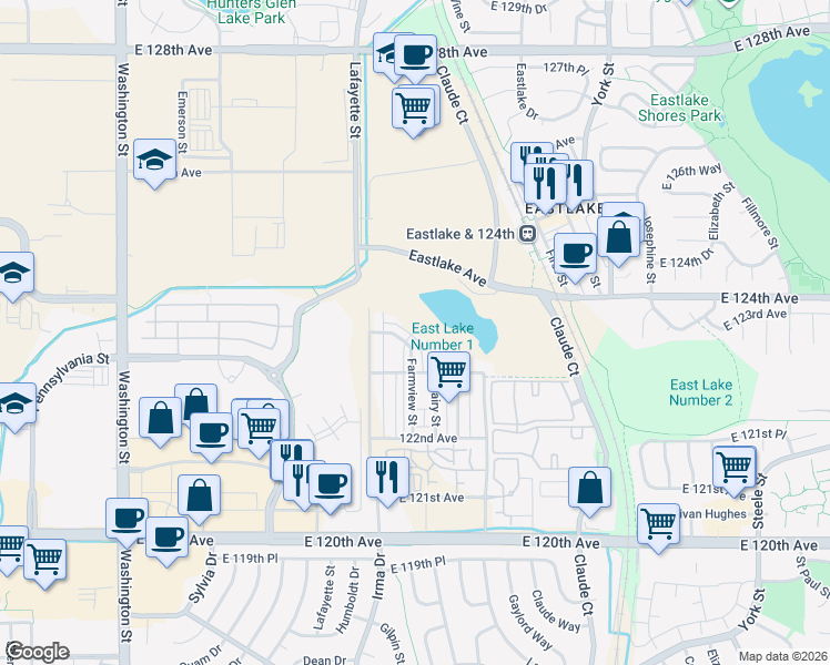 map of restaurants, bars, coffee shops, grocery stores, and more near 12015 Irma Dr in Northglenn