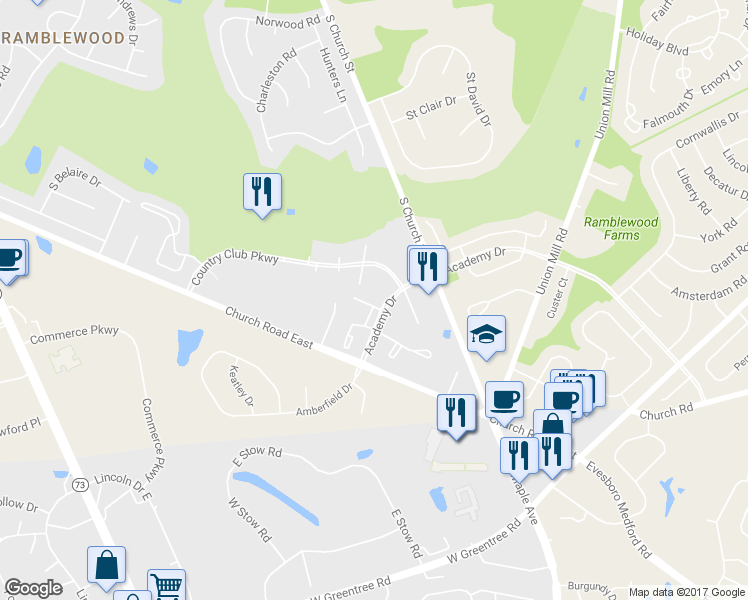 map of restaurants, bars, coffee shops, grocery stores, and more near 102B Mulberry Cove in Mount Laurel Township