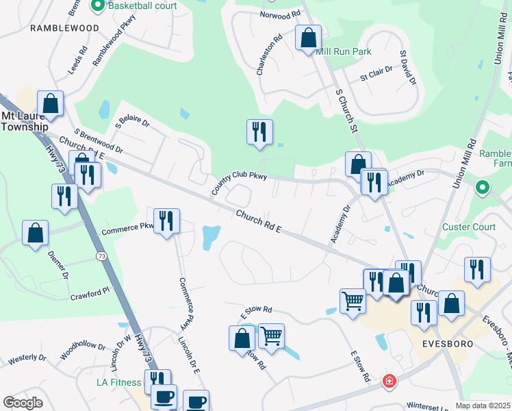 map of restaurants, bars, coffee shops, grocery stores, and more near 4431 Church Road in Mount Laurel Township