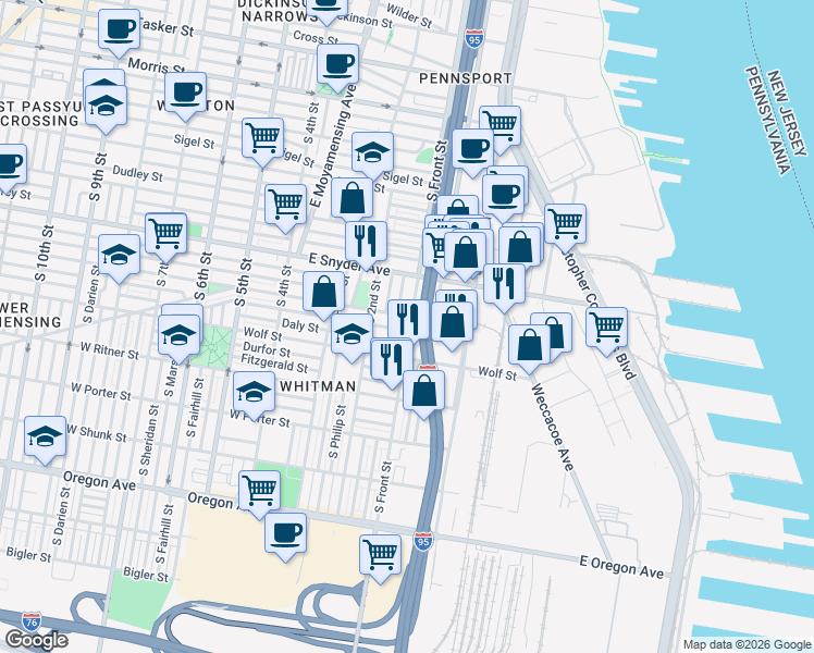 map of restaurants, bars, coffee shops, grocery stores, and more near 2235 South Front Street in Philadelphia
