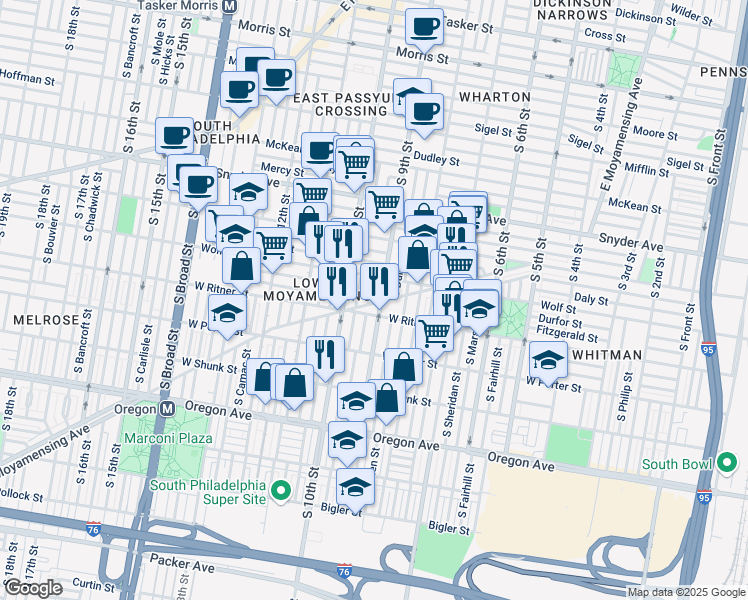 map of restaurants, bars, coffee shops, grocery stores, and more near 2401 South 9th Street in Philadelphia
