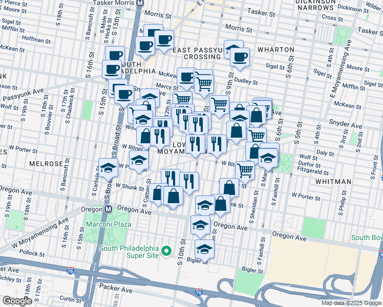 map of restaurants, bars, coffee shops, grocery stores, and more near 2407 South 10th Street in Philadelphia