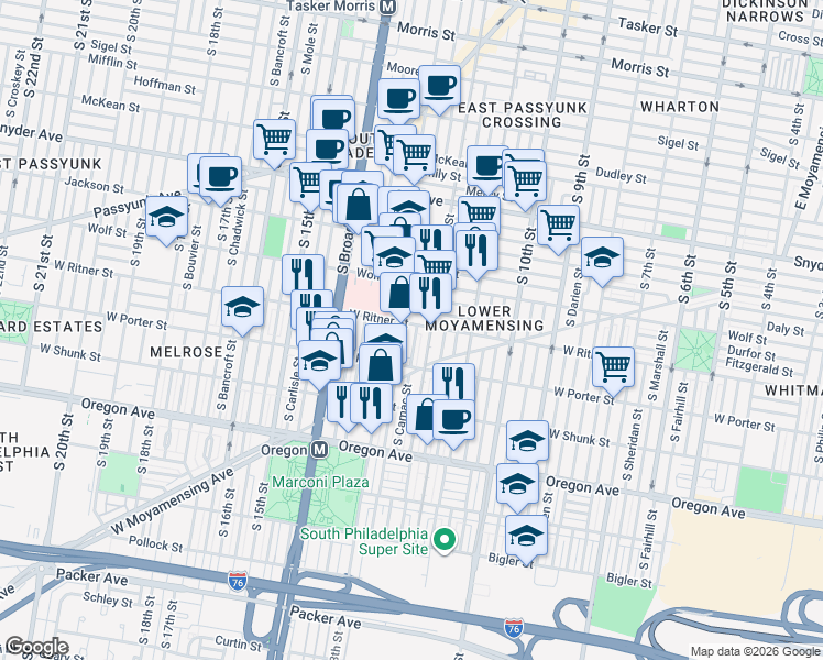 map of restaurants, bars, coffee shops, grocery stores, and more near in Philadelphia