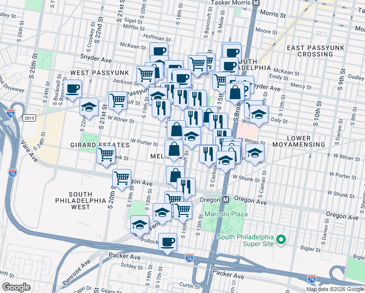map of restaurants, bars, coffee shops, grocery stores, and more near 2519 South 17th Street in Philadelphia