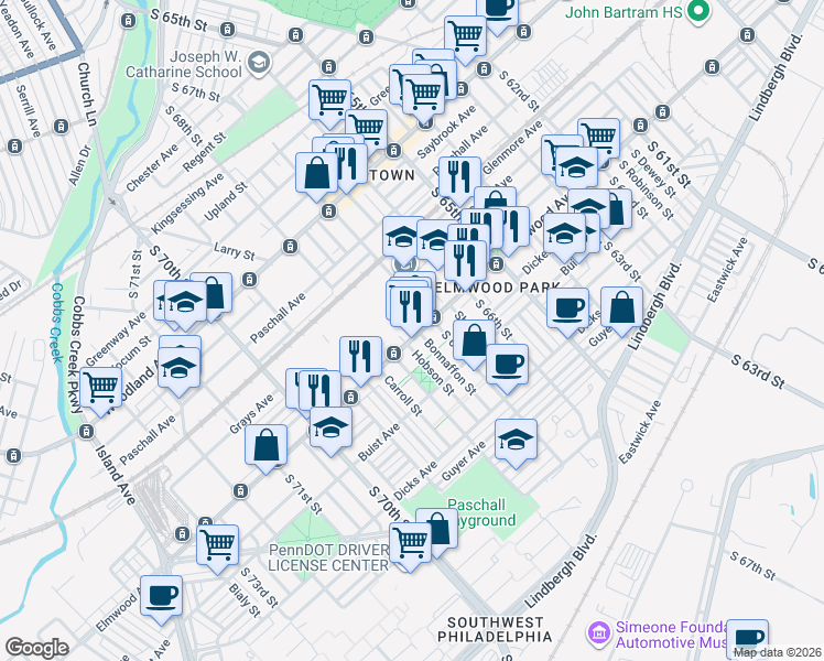 map of restaurants, bars, coffee shops, grocery stores, and more near 6734 Elmwood Avenue in Philadelphia