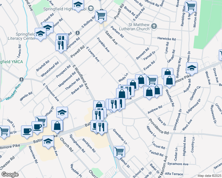 map of restaurants, bars, coffee shops, grocery stores, and more near 508 Philmar Court in Springfield