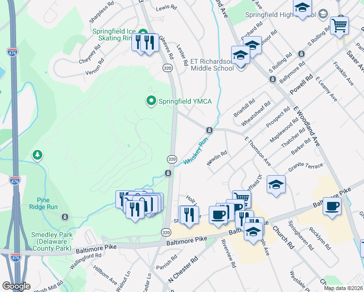 map of restaurants, bars, coffee shops, grocery stores, and more near 51 West Sproul Road in Springfield