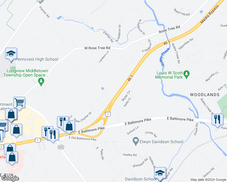 map of restaurants, bars, coffee shops, grocery stores, and more near 572 South Heilbron Drive in Media