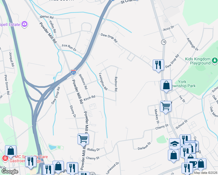 map of restaurants, bars, coffee shops, grocery stores, and more near 102 Lexington Road in York