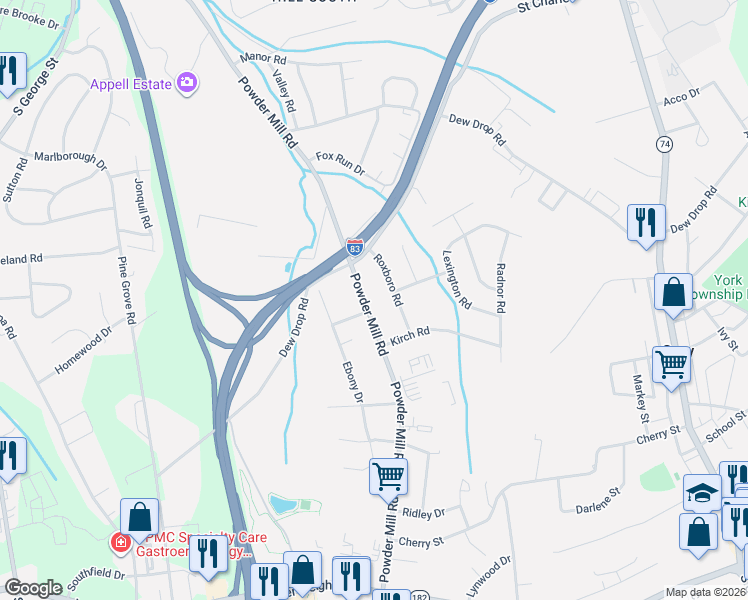 map of restaurants, bars, coffee shops, grocery stores, and more near 1835 Powder Mill Road in York