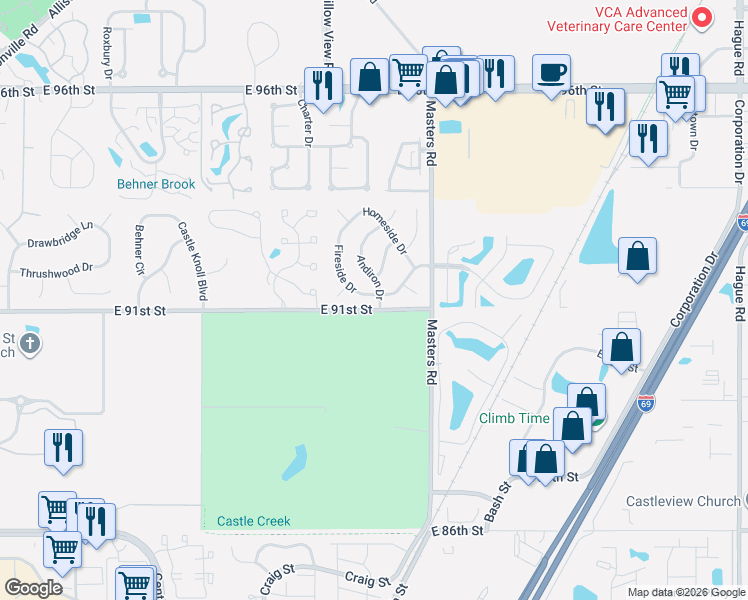 map of restaurants, bars, coffee shops, grocery stores, and more near 9112 Fireside Drive in Indianapolis